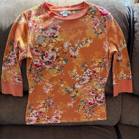 Sundance Coral Floral Crewneck 3/4 Sleeves Waffle Therm Boho Blouse Size Sm - Picture 2 of 6